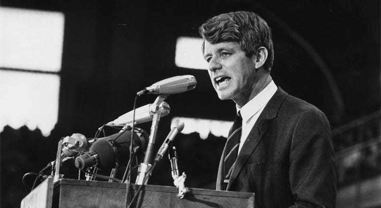 1968: Senator Robert Kennedy speaking at an election rally. Robert F. Kennedy
