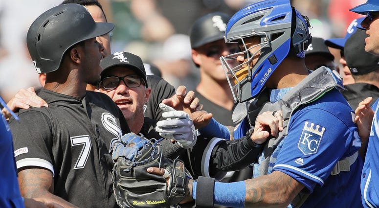 Tim Anderson White Sox Royals Tim Anderson of the Chicago White Sox argues with the Kansas City Royals after getting hit by a pitch.
