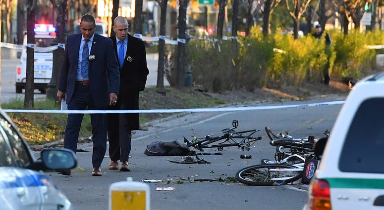 Police secure the scene at a bike path at Houston Street and West Street in lower Manhattan Bike Path Attack