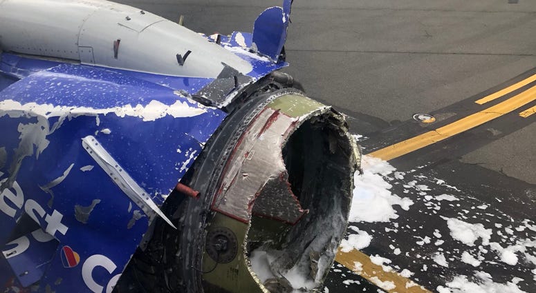 Photo from a Twitter post by Joe Marcus (@joeasaprap) on April 17, 2018 showing what appears to be the damaged engine on a Southwest Airlines airplane. Southwest Airlines Emergency Landing