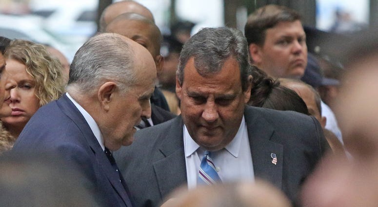 Former NYC mayor Rudy Giuliani and former NJ governor Chris Christie prior to the ceremonies at the National September 11 Memorial