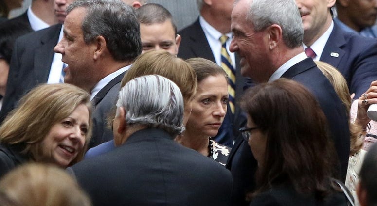 Former New Jersey governor Chris Christie and present New Jersey governor Phil Murphy prior to the ceremonies at the National September 11 Memorial