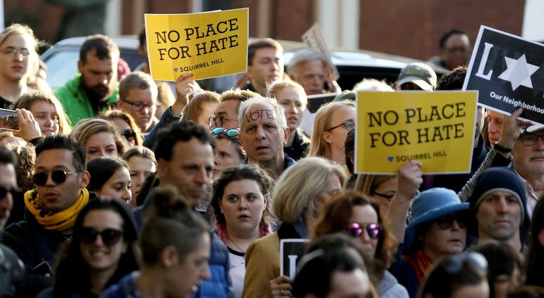 Over a thousand protesters march through the Squirrel Hill Neighborhood of Pittsburgh during the Stand together in solidarity with the Pittsburgh Jewish Community.