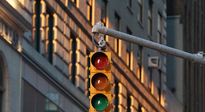 A stop light is off without power during a large power outage that took place in the Times Square and Midtown Manhattan section of New York, NY around 7 p.m. on July 13, 2019. NYC Blackout 2019