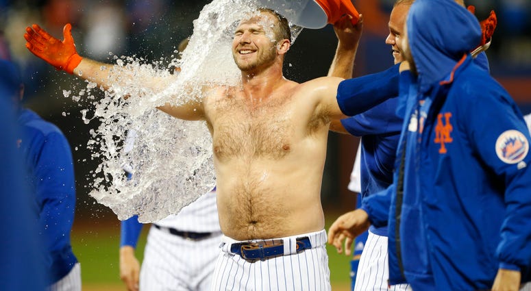New York Mets first baseman Pete Alonso (20) celebrates after a walk off walk in the tenth inning against the Philadelphia Phillies at Citi Field. Mets Phillies