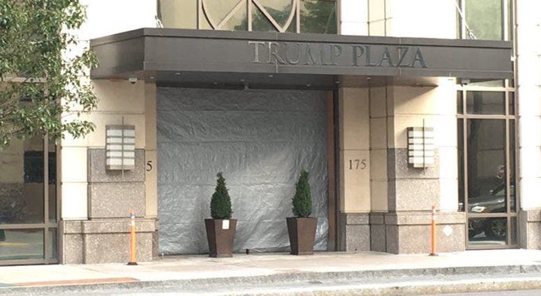 The main entrance of Trump Plaza on Huguenot Street in New Rochelle is curtained off on Wednesday, Sept. 18, 2019, the morning after a car crashed through it and ended up in the lobby. Trump Plaza in New Rochelle