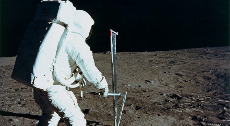 Buzz Aldrin Solar Wind Edwin 'Buzz' Aldrin Jr deploys the Solar Wind Composition experiment.