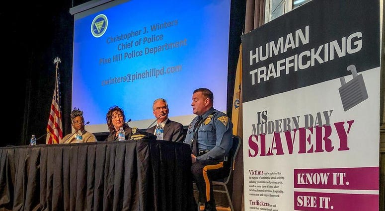 Panelists at the New Jersey attorney general's annual human trafficking awareness event talk about how to prevent the crime, Friday, Jan. 24, 2020, in Trenton, N.J. New Jersey Human Trafficking Panel