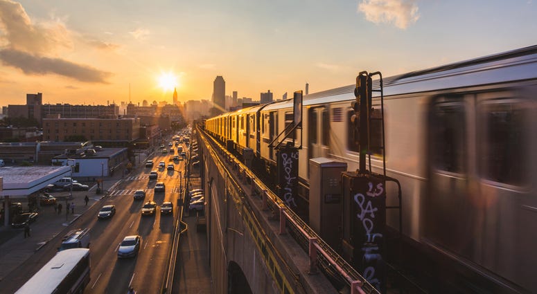 Elevated train tracks in New York City. Elevated subway train