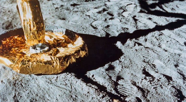 Footprints on the Moon The footpad of the Apollo 11 Lunar Module the 'Eagle' rests on the surface of the Moon.