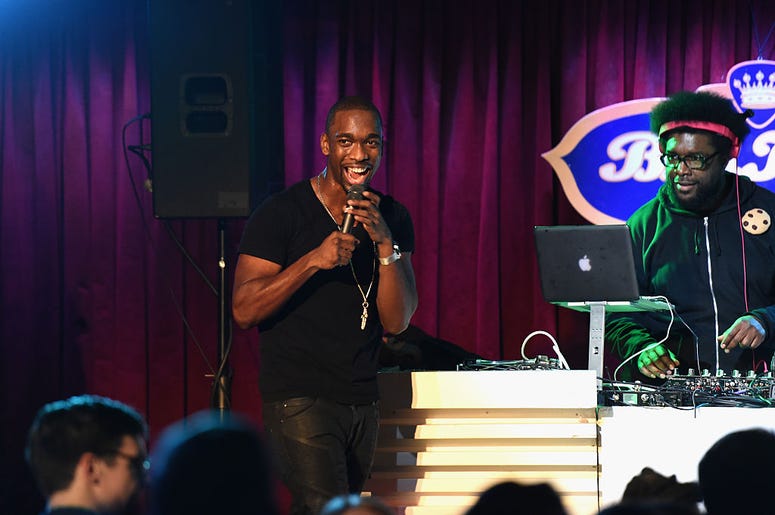 Actor Jay Pharoah (L) and Questlove perform on stage at Urban Arts Partnership at the 15th annual The 24 Hour Plays On Broadway after party at BB King on November 16, 2015 in New York City. Jay Pharoah