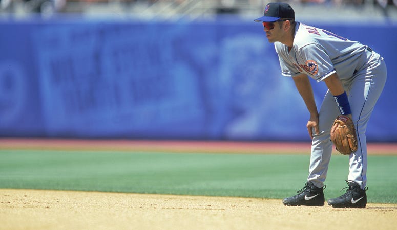 Edgardo Alfonzo #13 of the New York Mets waits for the action during the game against the Los Angeles Dodgers at Dodger Stadium in Los Angeles, California. Edgardo Alfonzo
