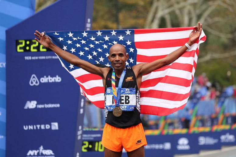 Meb Keflezighi of the United States celebrates finishing his last New York City Marathon during the Professional Men's Division during the 2017 TCS New York City Marathon in Central Park on November 5, 2017 in New York City. Meb Keflezighi