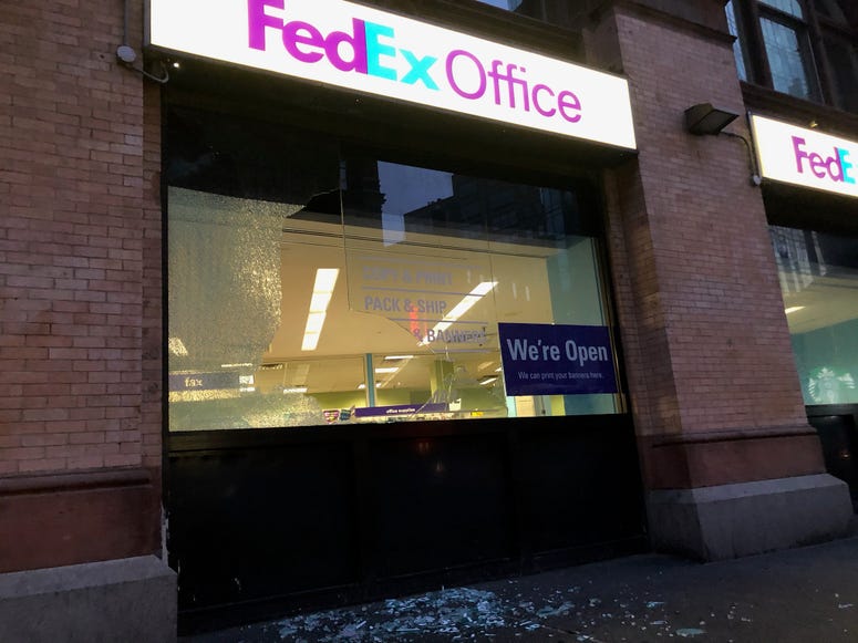A damaged FedEx store after the sixth night of protests. FedEx day 6 protest