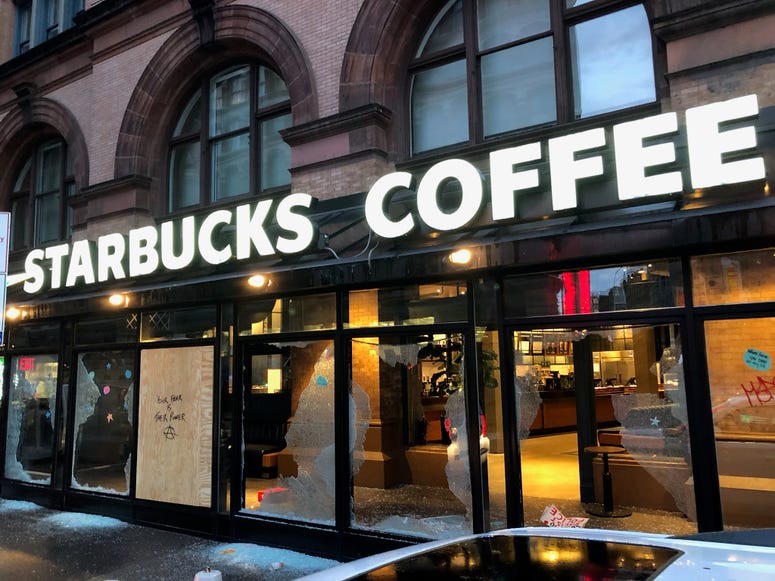 A damaged Starbucks in the East Village. NYC protest sixth night