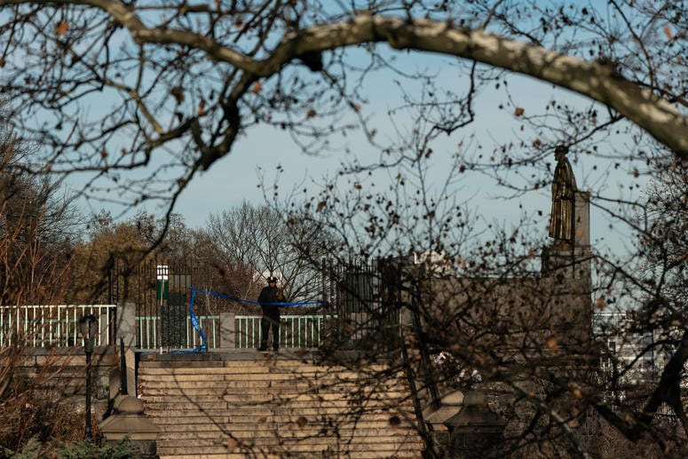 An NYPD officer patrols the entrance of Morningside Park on December 12, 2019 in New York City. Tessa Majors