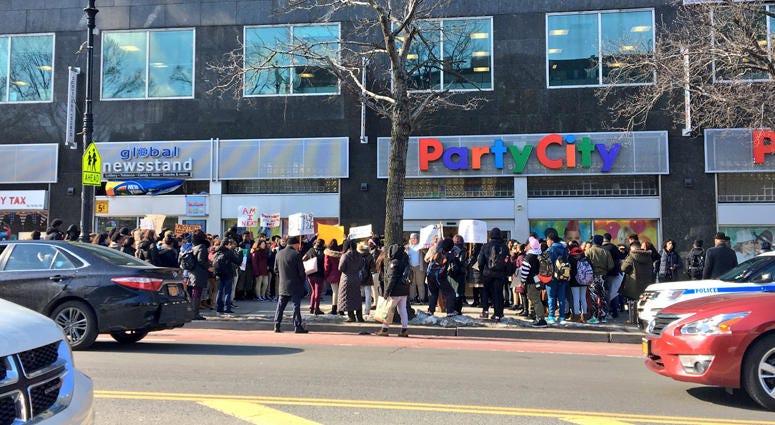 Students participate in National Walkout Day on Fordham Road in the Bronx. National Walkout Day