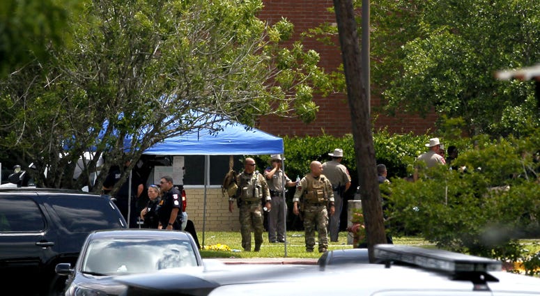 Security forces are deployed around Santa Fe High School in Texas, the United States, on May 18, 2018. Texas High School Shooting