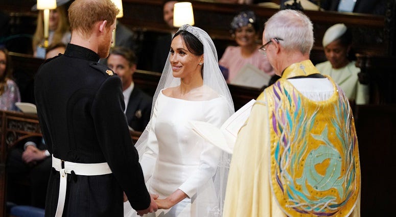 Prince Harry and Meghan Markle in St George's Chapel at Windsor Castle during their wedding service, conducted by the Archbishop of Canterbury Justin Welby. The Royal Wedding