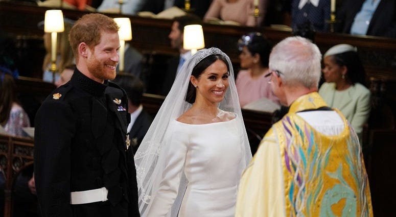 Prince Harry and Meghan Markle during their wedding service at St George's Chapel, Windsor Castle. The Royal Wedding