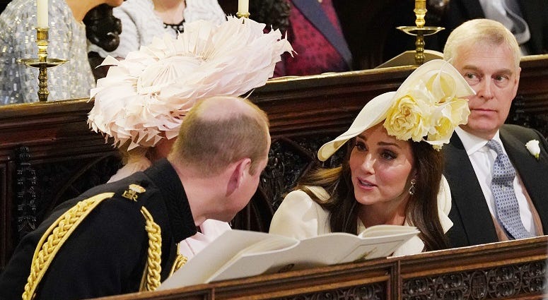 The Duke of Cambridge (left), the Duchess of Cambridge and the Duke of York during the wedding service for Prince Harry and Meghan Markle at St George's Chapel, Windsor Castle. The Royal Wedding