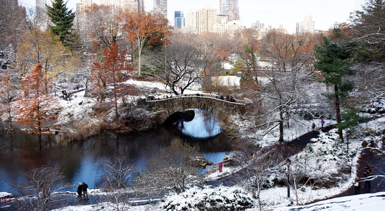 Visitors enjoy the snow scenery in Central Park in New York, the United States, on Dec. 3, 2019. Central Park