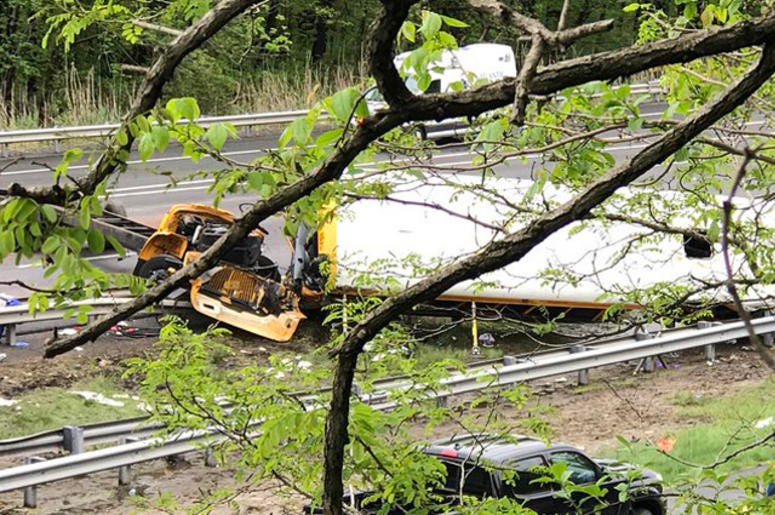 Scene of a school bus crash on I-80 ion Mount Olive, New Jersey on May 17, 2018. New Jersey School Bus Crash