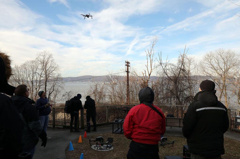 Drone photographers at the Riverwalk for the demolition of the eastern portion of the Tappan Zee Bridge Jan. 15, 2019 in Tarrytown. Tappan Zee Demolition