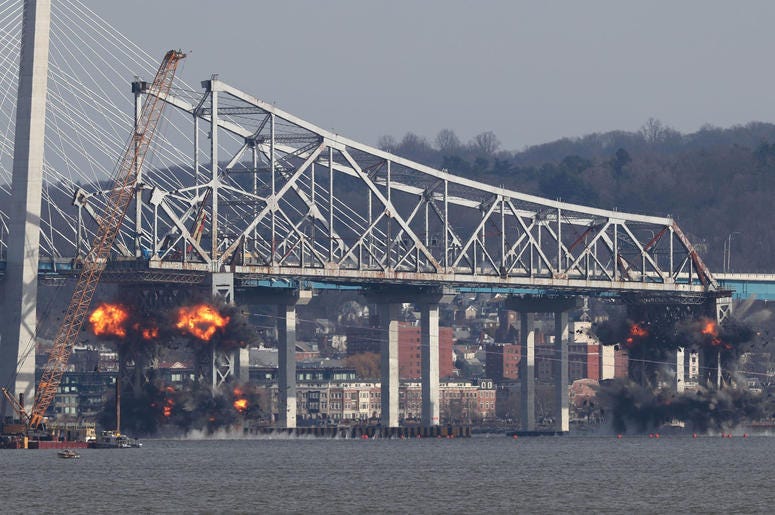 Demolition of the eastern structure of the Tappan Zee Bridge is taken down with controlled explosives on Tuesday, January 15, 2019. Tappan Zee Demolition
