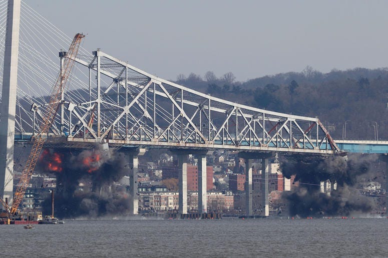 Demolition of the eastern structure of the Tappan Zee Bridge is taken down with controlled explosives on Tuesday, January 15, 2019. Tappan Zee Demolition