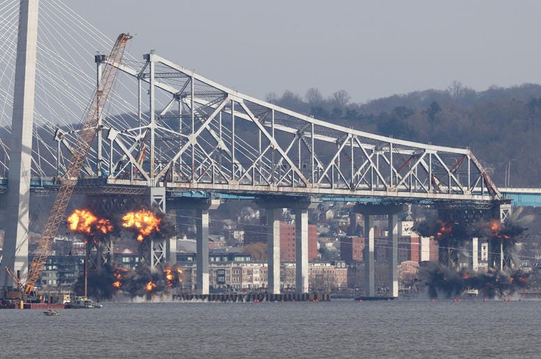 Demolition of the eastern structure of the Tappan Zee Bridge is taken down with controlled explosives on Tuesday, January 15, 2019. Tappan Zee Demolition