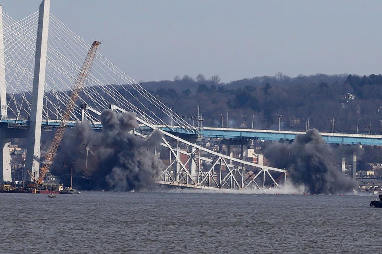 Demolition of the eastern structure of the Tappan Zee Bridge is taken down with controlled explosives on Tuesday, January 15, 2019 Tappan Zee Demolition