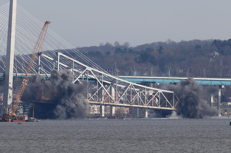 Demolition of the eastern structure of the Tappan Zee Bridge is taken down with controlled explosives on Tuesday, January 15, 2019. Tappan Zee Demolition