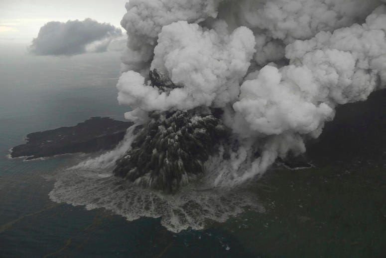 This aerial shot taken on Sunday, Dec. 23, 2018 shows Mount Anak Krakatau as it erupts on Java Strait, Indonesia. Indonesia Tsunami