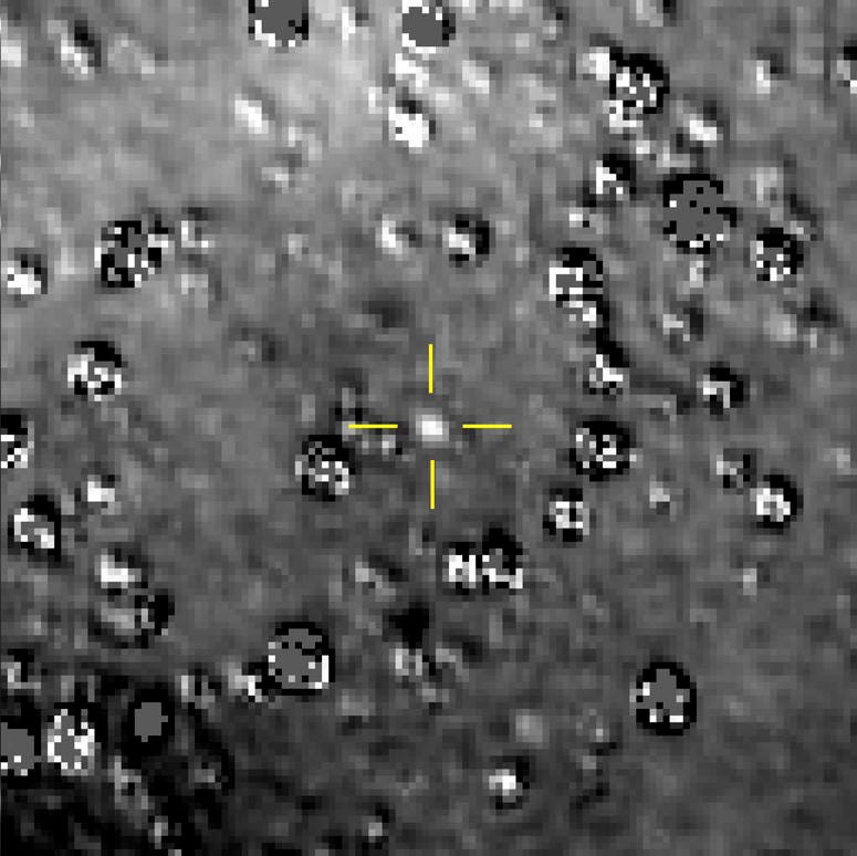 This composite image made available by NASA shows the Kuiper Belt object nicknamed "Ultima Thule," indicated by the crosshairs at center, with stars surrounding it on Aug. 16, 2018, made by the New Horizons spacecraft. Ultima Thule