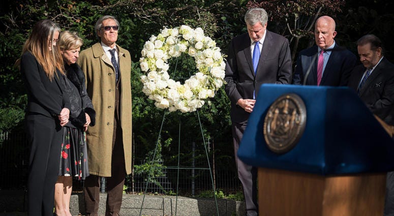 Mayor Bill de Blasio and Police Commissioner O’Neill commemorate the one year anniversary of the West Side Highway attack. Northwest Corner of West Street and Chambers Street, Manhattan. Wednesday, October 31, 2018. Bike Path Attack Anniversary