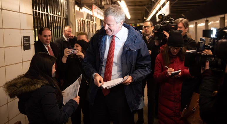 Mayor Bill de Blasio rides the R Subway train to City Hall from Park Slope to inform riders of of new plan to fund the MTA on Wednesday, February 27, 2019. Mayor Bill de Blasio Subway