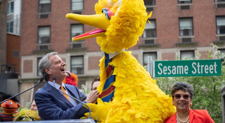 Mayor de Blasio delivers remarks at the street renaming ceremony in honor of the 50th anniversary of Sesame Street at 63rd Street and Broadway in Manhattan, New York Wednesday May 1, 2019. Paige Polk/Mayoral Photography Office Mayor de Blasio Sesame Street