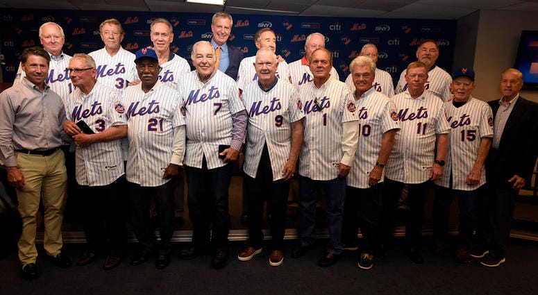 Mayor Bill de Blasio delivers remarks at a ceremony where he gives keys to the City to members of the 1969 World Series Mets Champions. Citi Field, Queens. Saturday, June 29, 2019. 1969 Mets Weekend Celebration