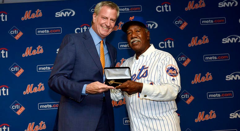 Mayor Bill de Blasio delivers remarks at a ceremony where he gives keys to the City to members of the 1969 World Series Mets Champions. Citi Field, Queens. Saturday, June 29, 2019. 1969 Mets Weekend Celebration