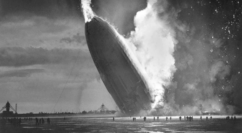 In this May 6, 1937 file photo, the German dirigible Hindenburg crashes to earth in flames after exploding at the U.S. Naval Station in Lakehurst, N.J. Hindenburg