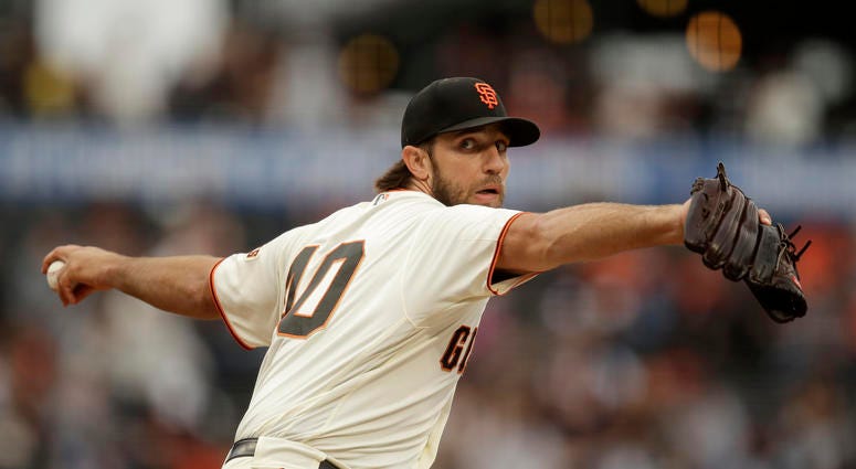 San Francisco Giants pitcher Madison Bumgarner works against the New York Mets during the first inning of a baseball game Thursday, July 18, 2019, in San Francisco. San Francisco Giants pitcher Madison Bumgarner works against the New York Mets during the first inning of a baseball game Thursday, July 18, 2019, in San Francisco.
