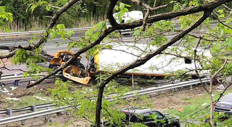 Scene of a school bus crash on I-80 ion Mount Olive, New Jersey on May 17, 2018. New Jersey School Bus Crash