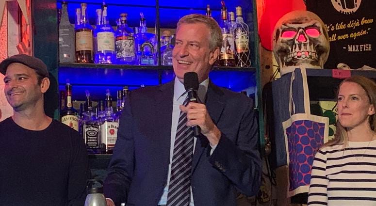 Mayor Bill de Blasio announces a crackdown on nightlife mess and noise in the Lower East Side on Oct. 22, 2019. Mayor Bill de Blasio