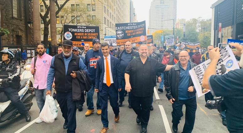 Hundreds of transit workers rallied outside MTA headquarters Wednesday, Oct. 30, 2019. TWU RALLY