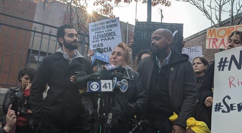 “Churro Lady” Elsa speaks at a rally to stop overpolicing in the subways on Nov. 11, 2019. Churro Lady Elsa