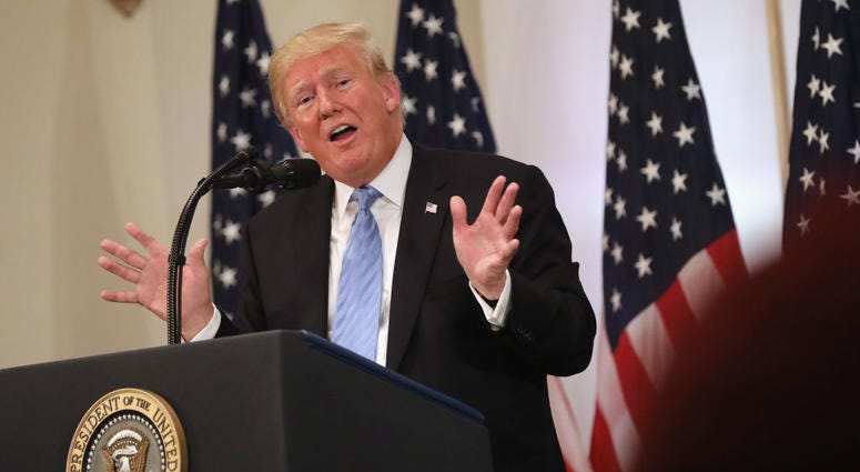 U.S. President Donald Trump answers a question about people laughing at him the day before at the UN General Assembly while holding a press conference on September 26, 2018 in New York City. Donald Trump Press Conference