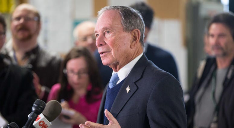 Former New York City Mayor Michael Bloomberg speaks with the media after touring the W.H. Bagshaw Company during an exploratory trip on January 29, 2019 in Nashua, New Hampshire. Michael Bloomberg