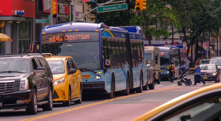The M14A bus crawls along 14th Street in Manhattan on June 17, 2019. M14 Bus
