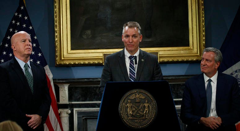 NYPD Chief of Detectives Dermot Shea speaks during a press conference announcing that will be the new NYPD Commissioner taking the position of James O'Neill on November 4, 2019 Bill de Blasio, James O'Neill, Dermot Shea
